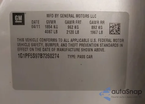 2011 Chevrolet Cruze 1Lt из США, поврежденный, VIN 1G1PF5S97B7260274